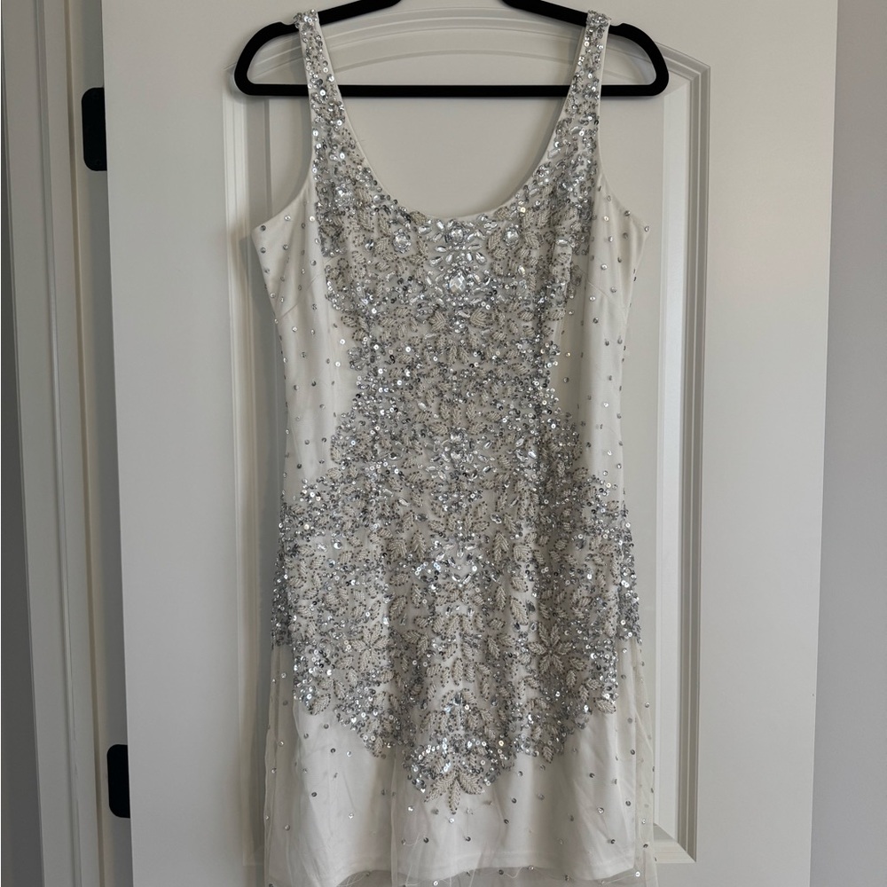 Adrianna Papell Silver Sequin Beaded Cocktail Dress